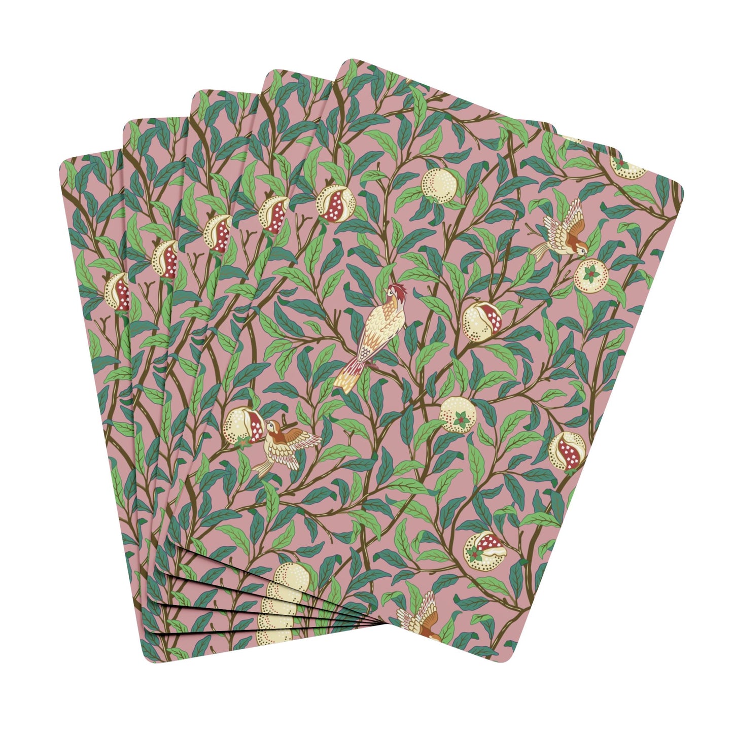Set of four patterned paper napkins with birds and leaves on a pink background