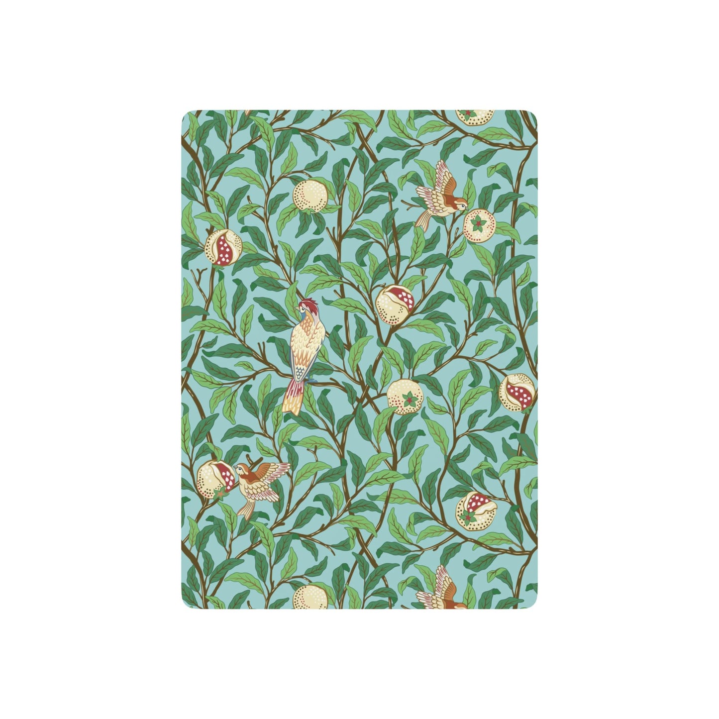 Notebook with a decorative cover featuring birds and floral patterns on a light blue background
