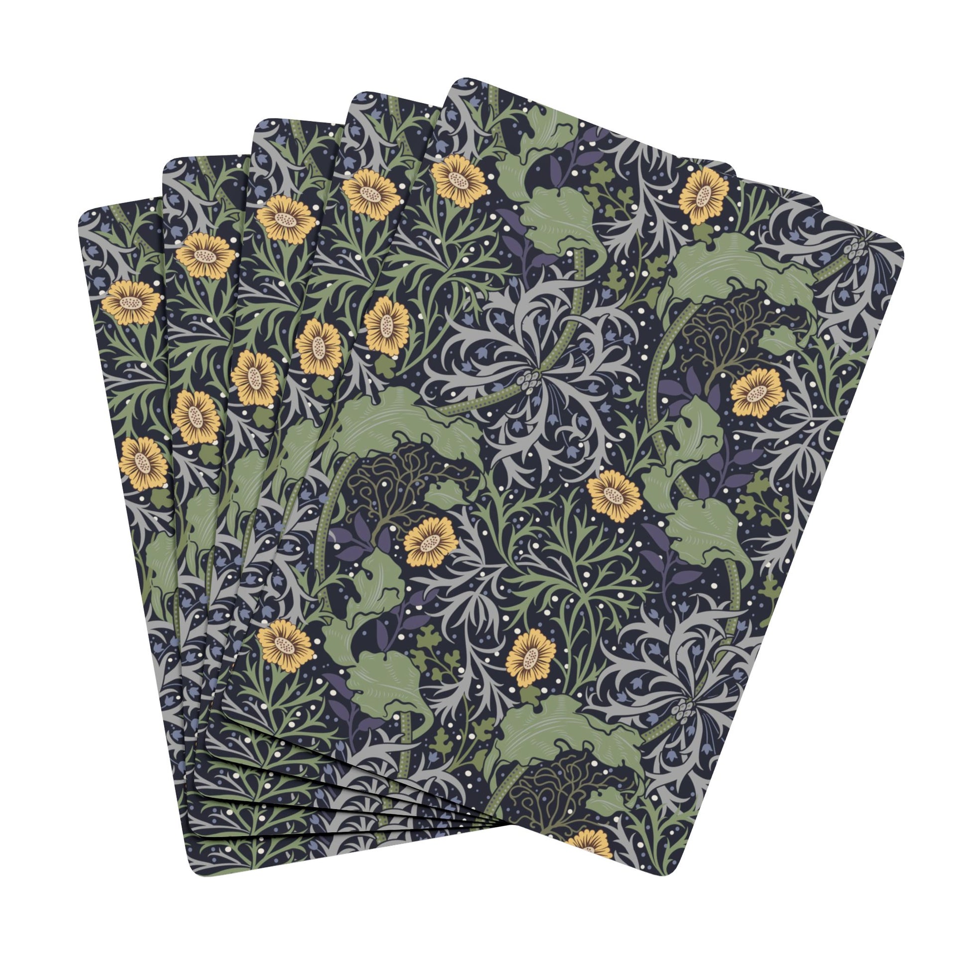 Set of four patterned napkins with floral and nature design on a white background