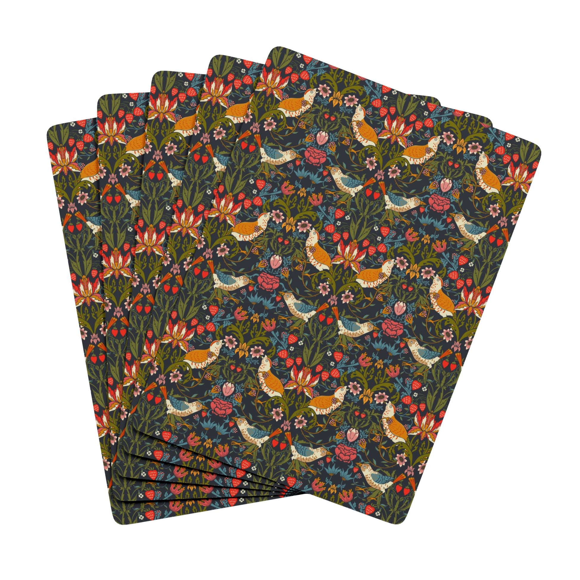 Set of floral and bird patterned playing cards on a white background