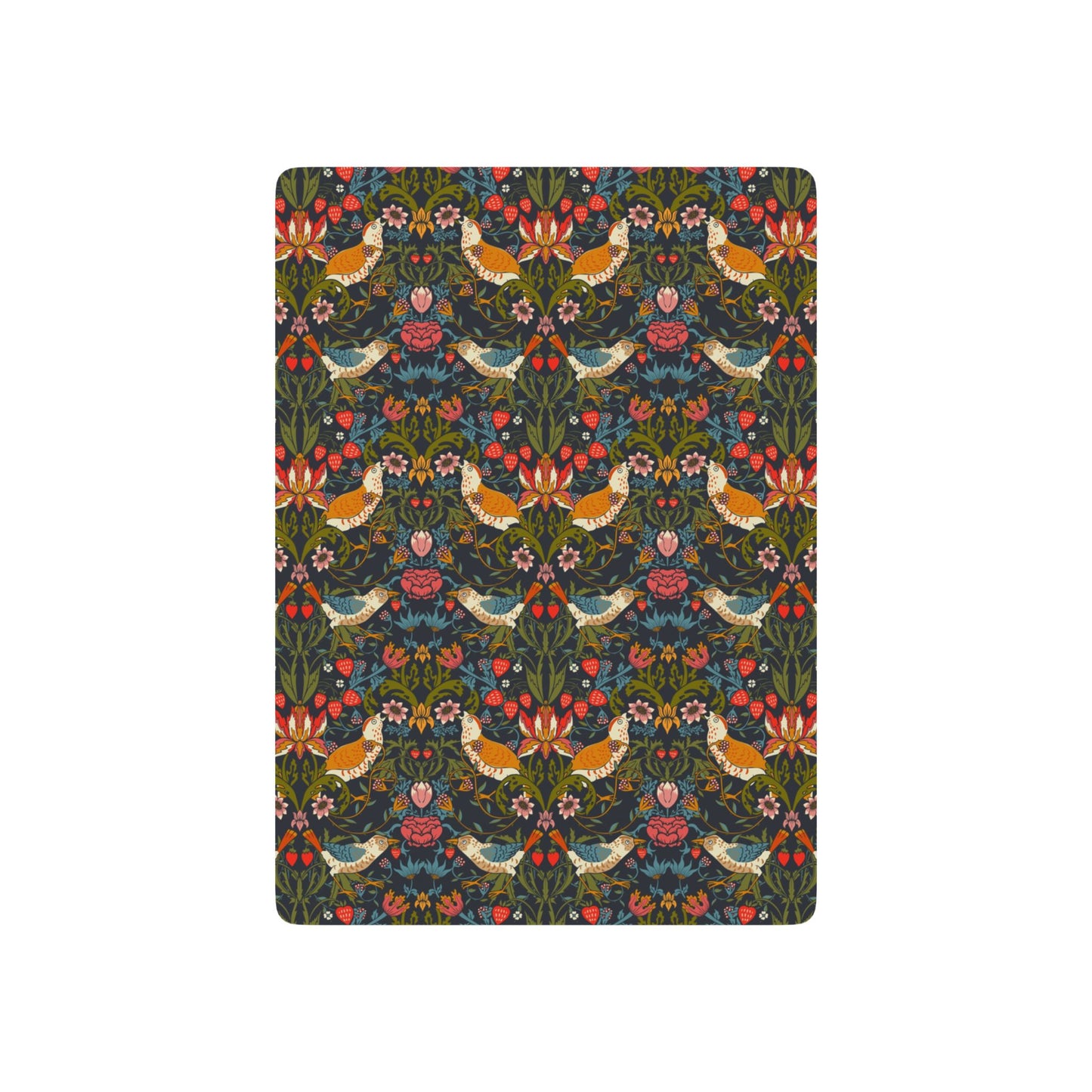 Patterned playing cards with birds and flowers on a dark background