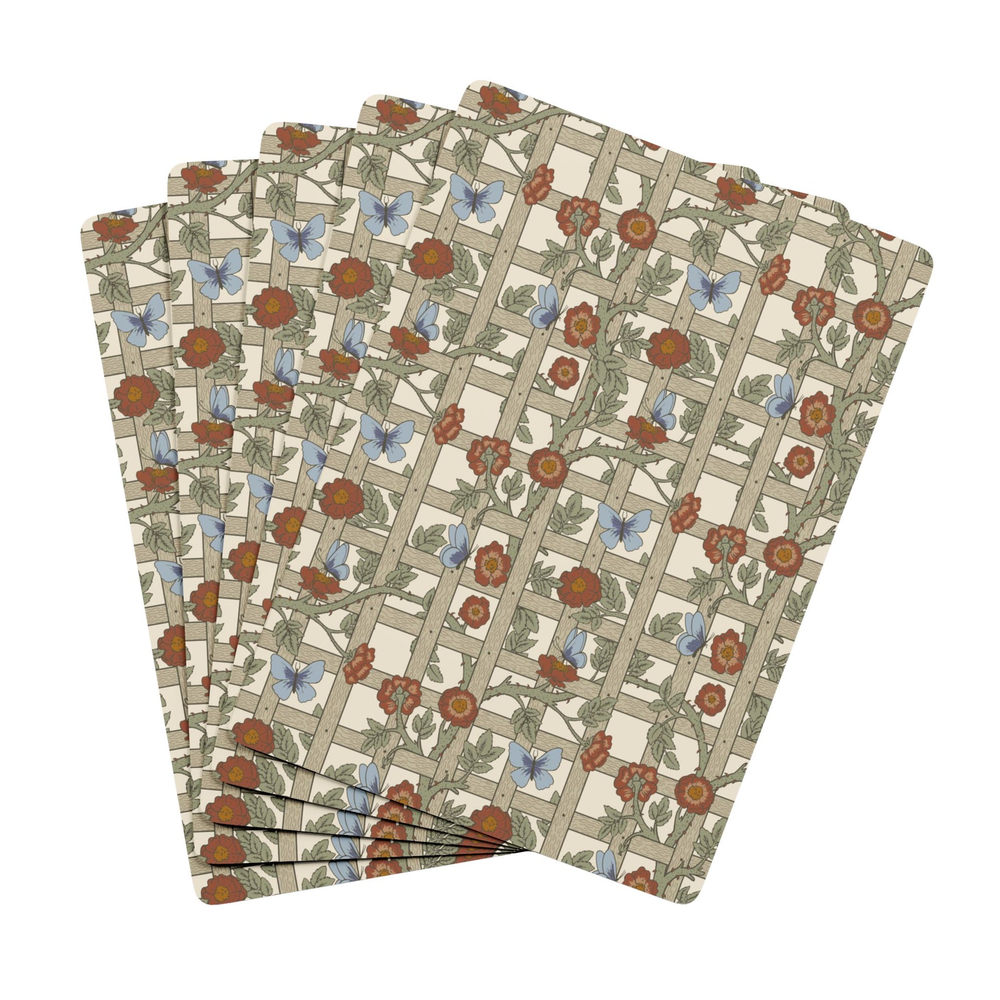 Set of floral-patterned playing cards on a white background