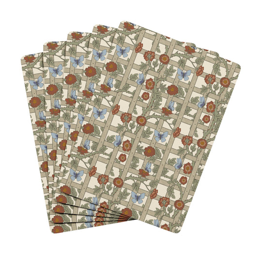 Set of floral-patterned playing cards on a white background