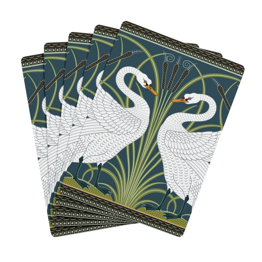 Set of playing cards with swan design on a white background