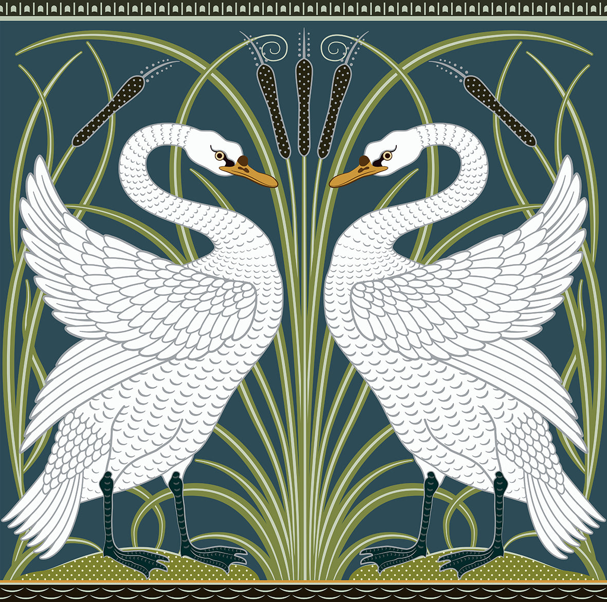 Decorative design with two white swans and green foliage on a dark blue background