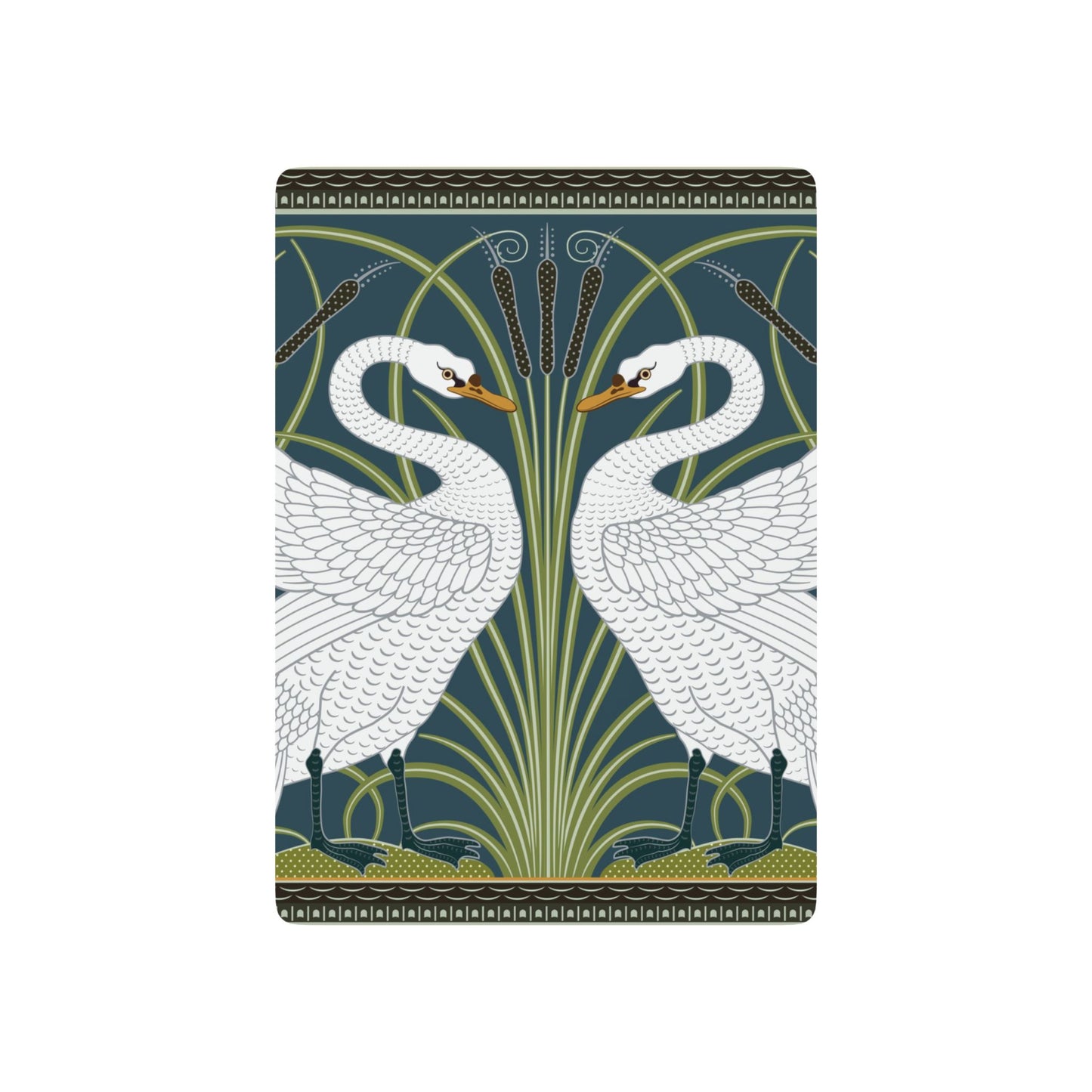 Playing cards with decorative design of two swans and plant elements on a blue background