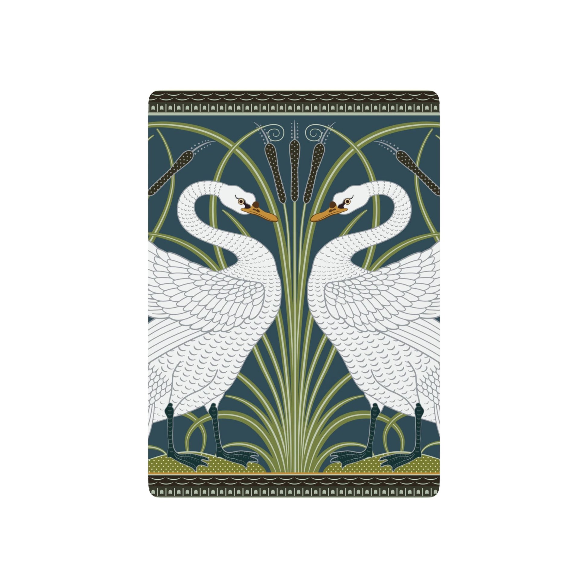 Playing cards with decorative design of two swans and plant elements on a blue background