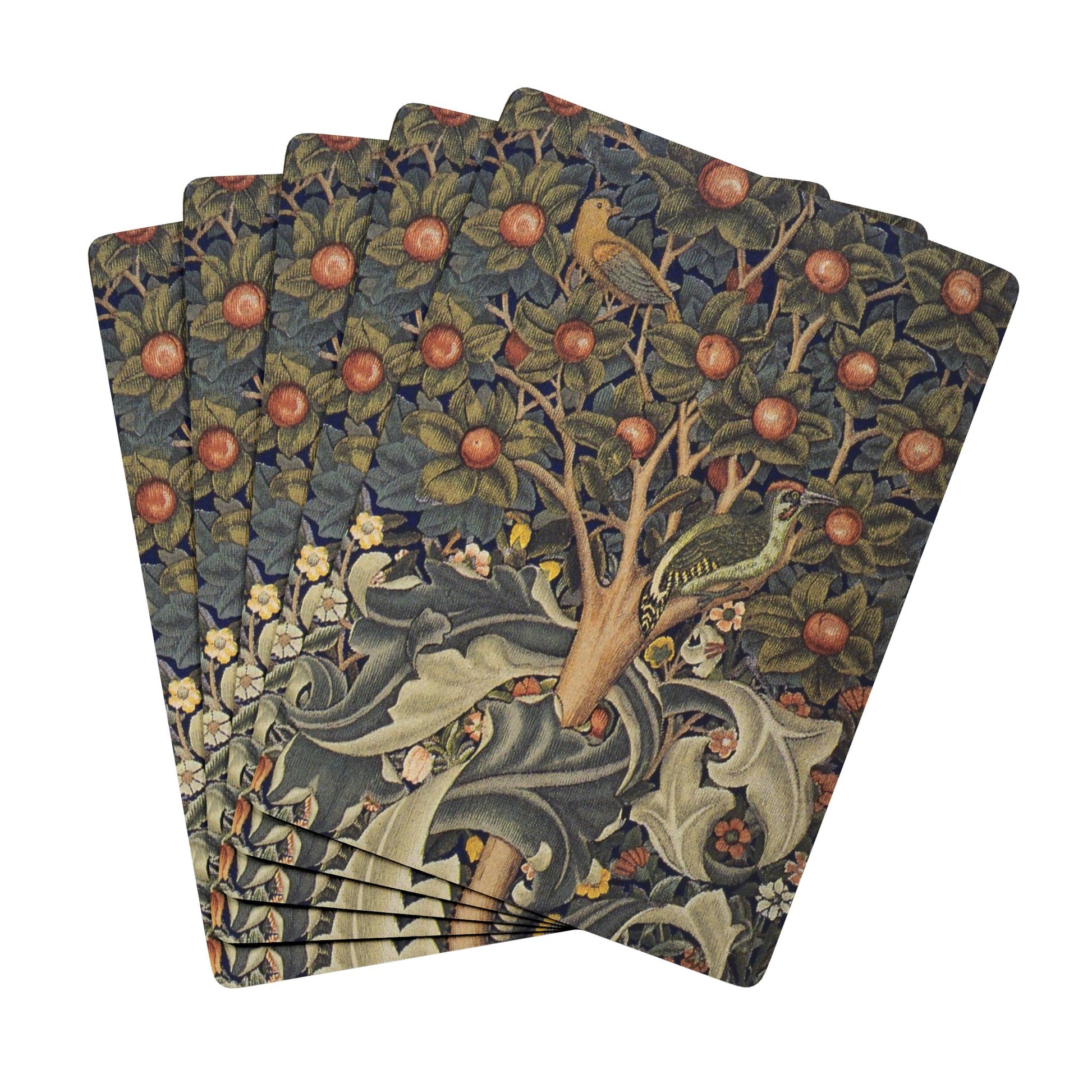 Playing cards with a nature-themed design featuring trees, birds, and animals on a white background.