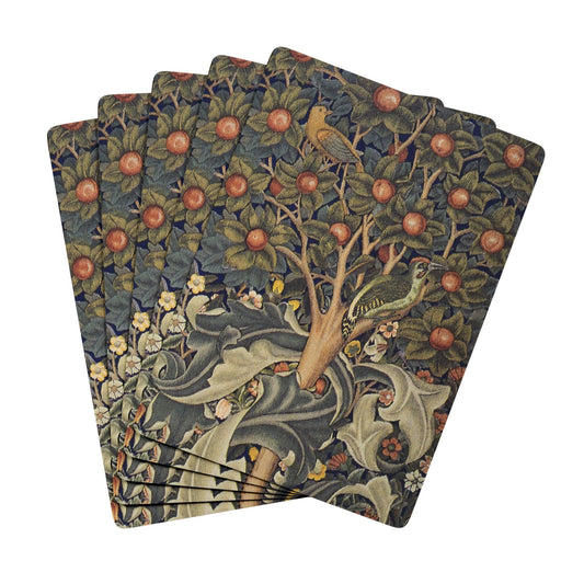 Playing cards with a nature-themed design featuring trees, birds, and animals on a white background.
