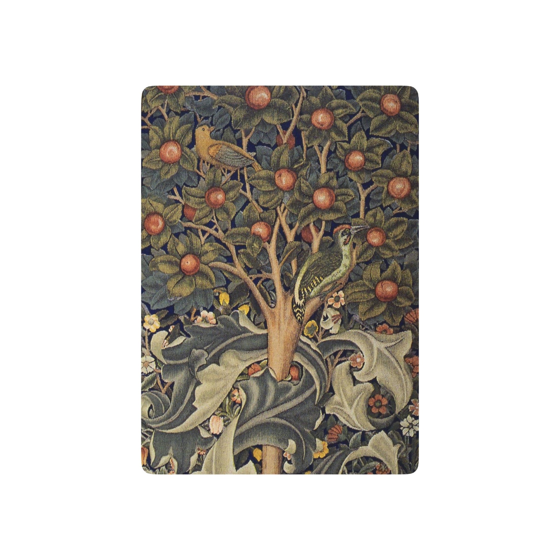 Decorative playing cards with a tree design featuring birds and fruits on a white background