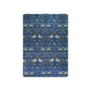 Patterned blue playing cards with birds and floral designs on a white background