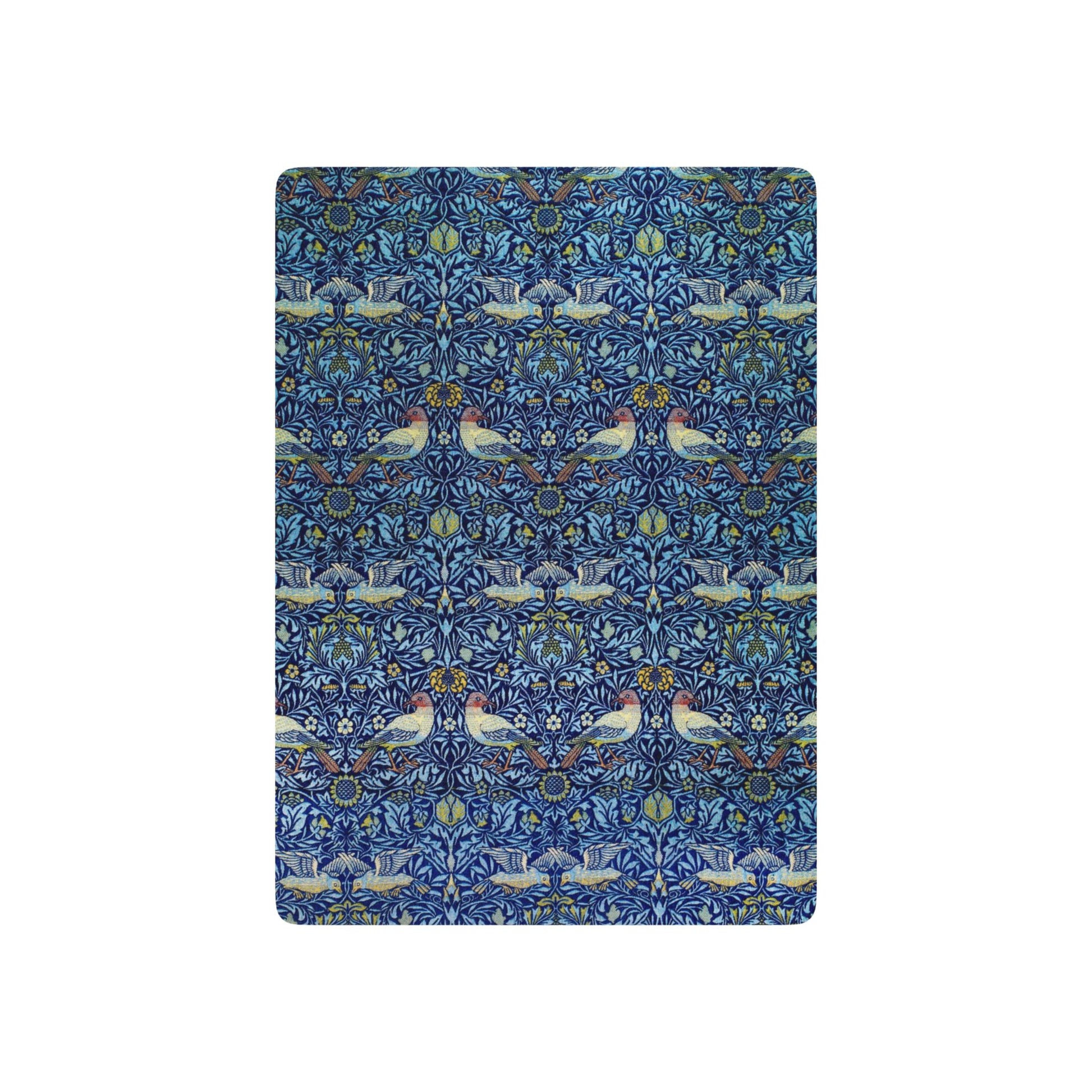 Patterned blue playing cards with birds and floral designs on a white background
