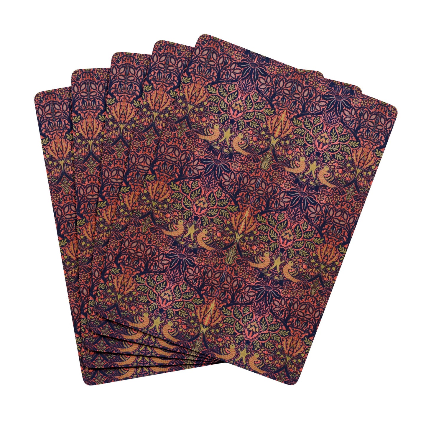 William Morris & Co playing cards in a floral pattern of purple, pink and orange colours