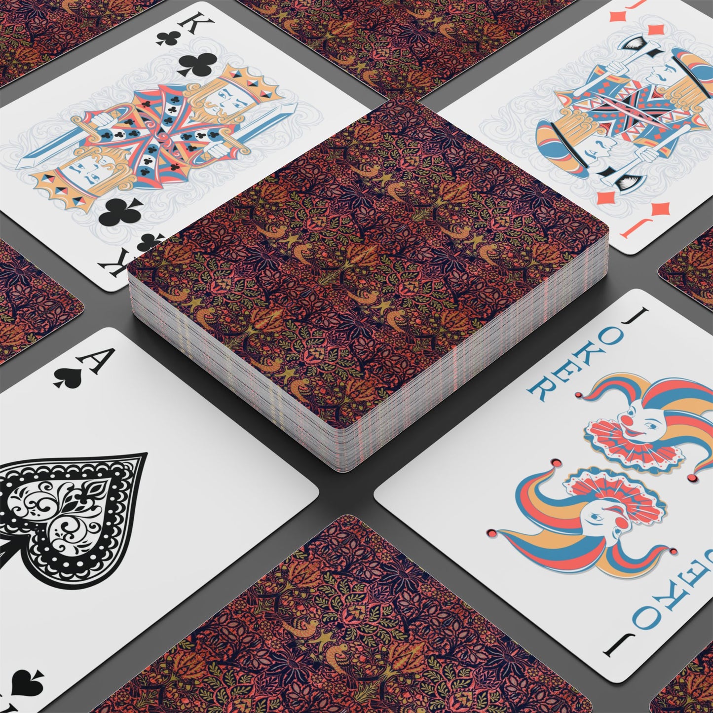 William Morris & Co playing cards in a floral pattern of purple, pink and orange colours