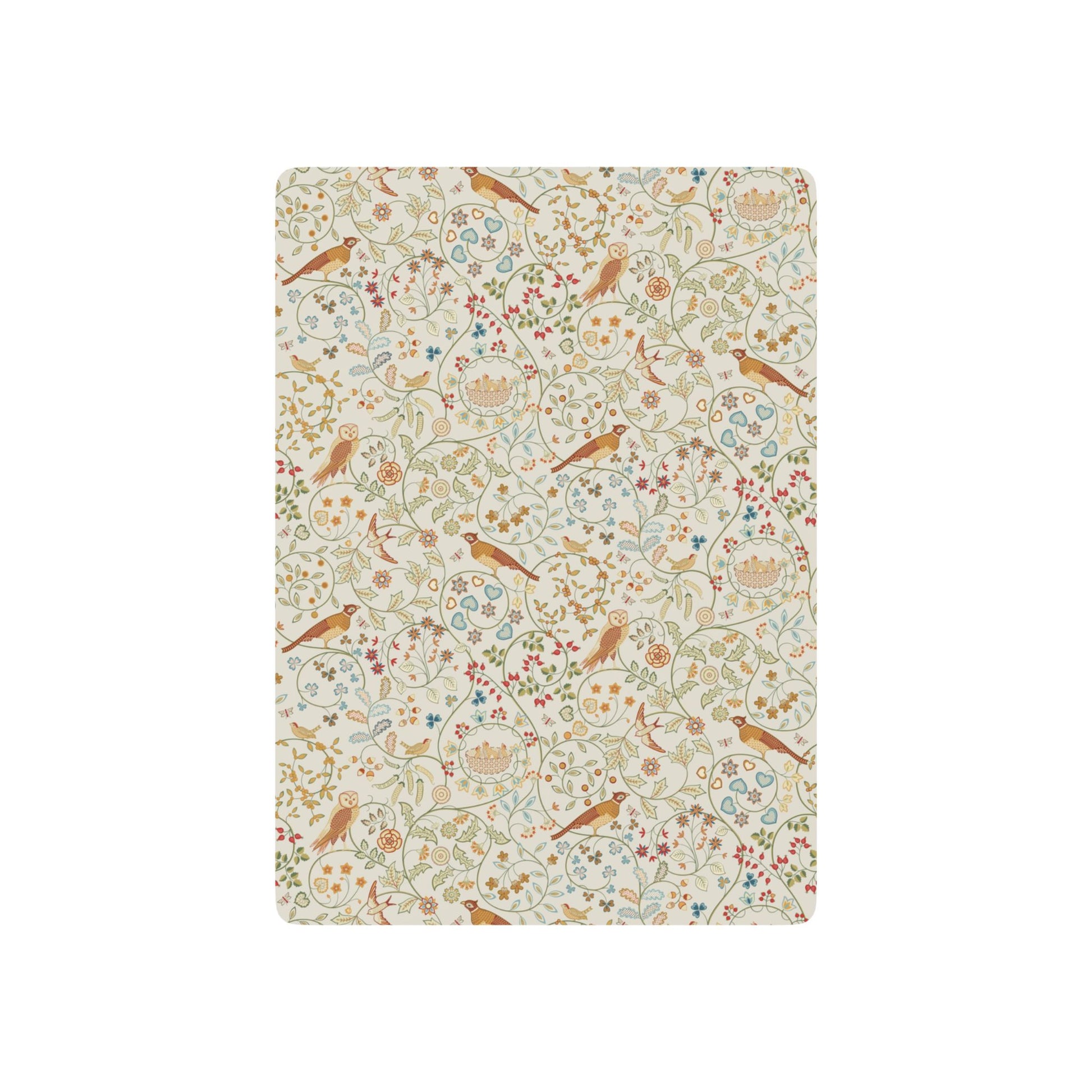 Floral and bird patterned playing cards on a white background