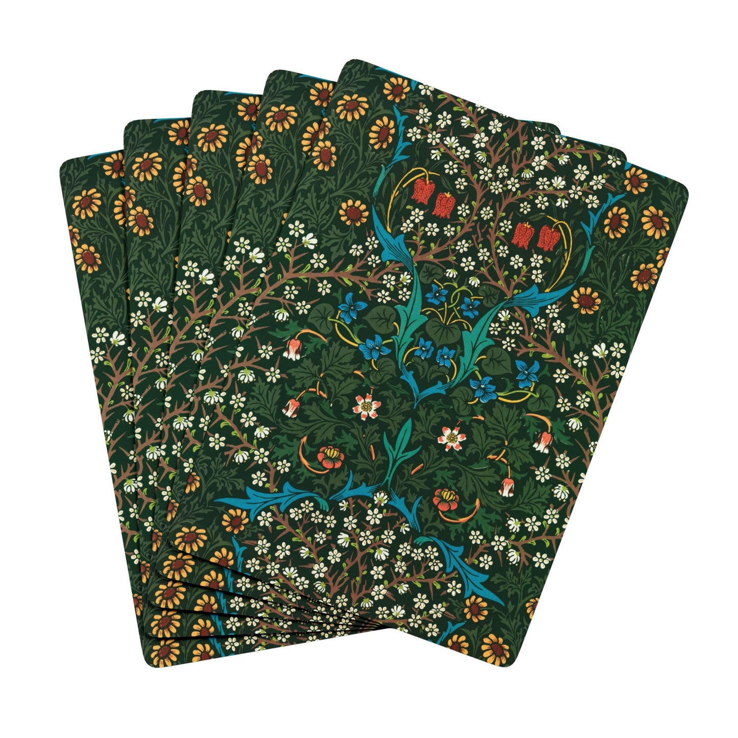 Set of four playing cards with floral and bird design on a green background