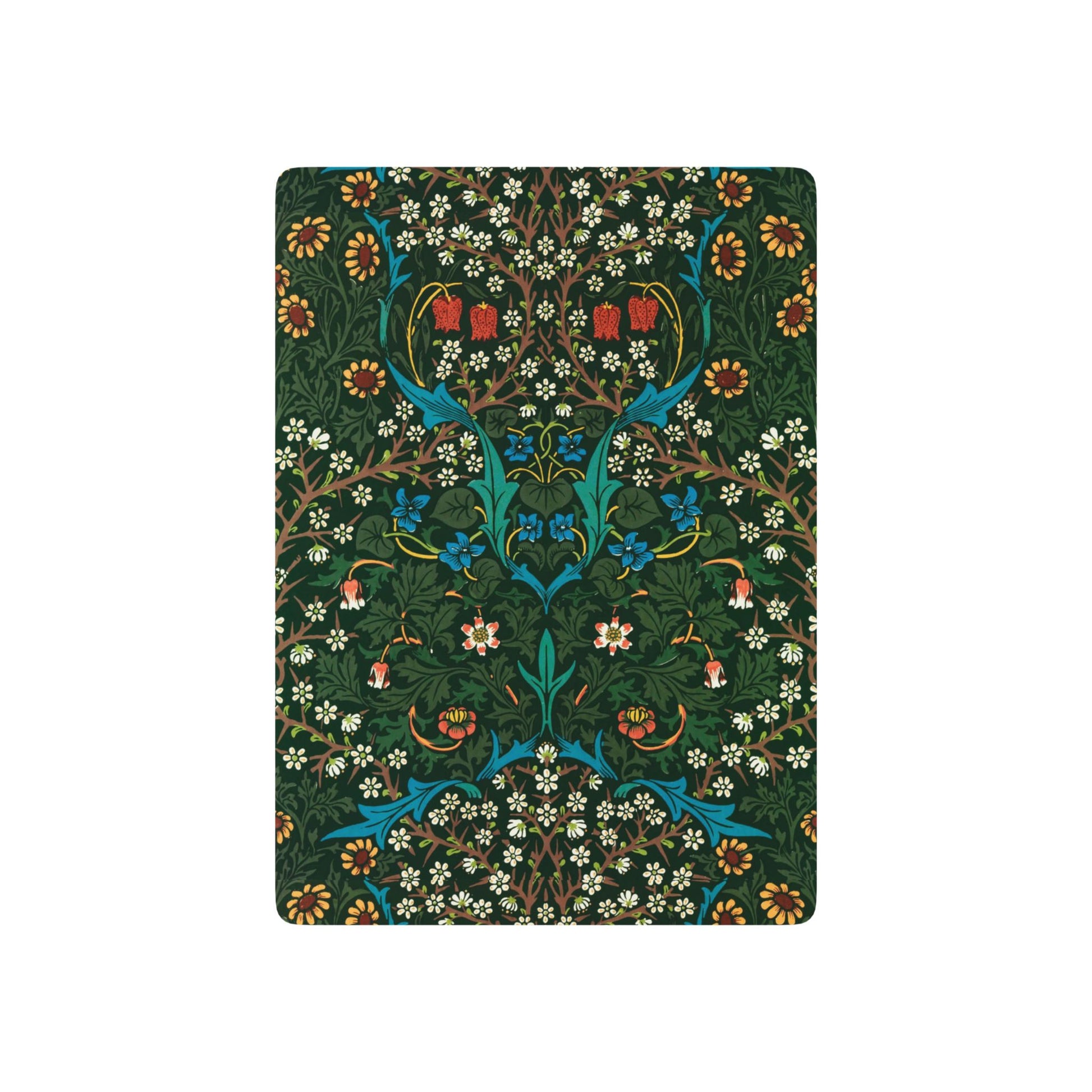 Decorative playing cards with floral and deer antler design on a green background