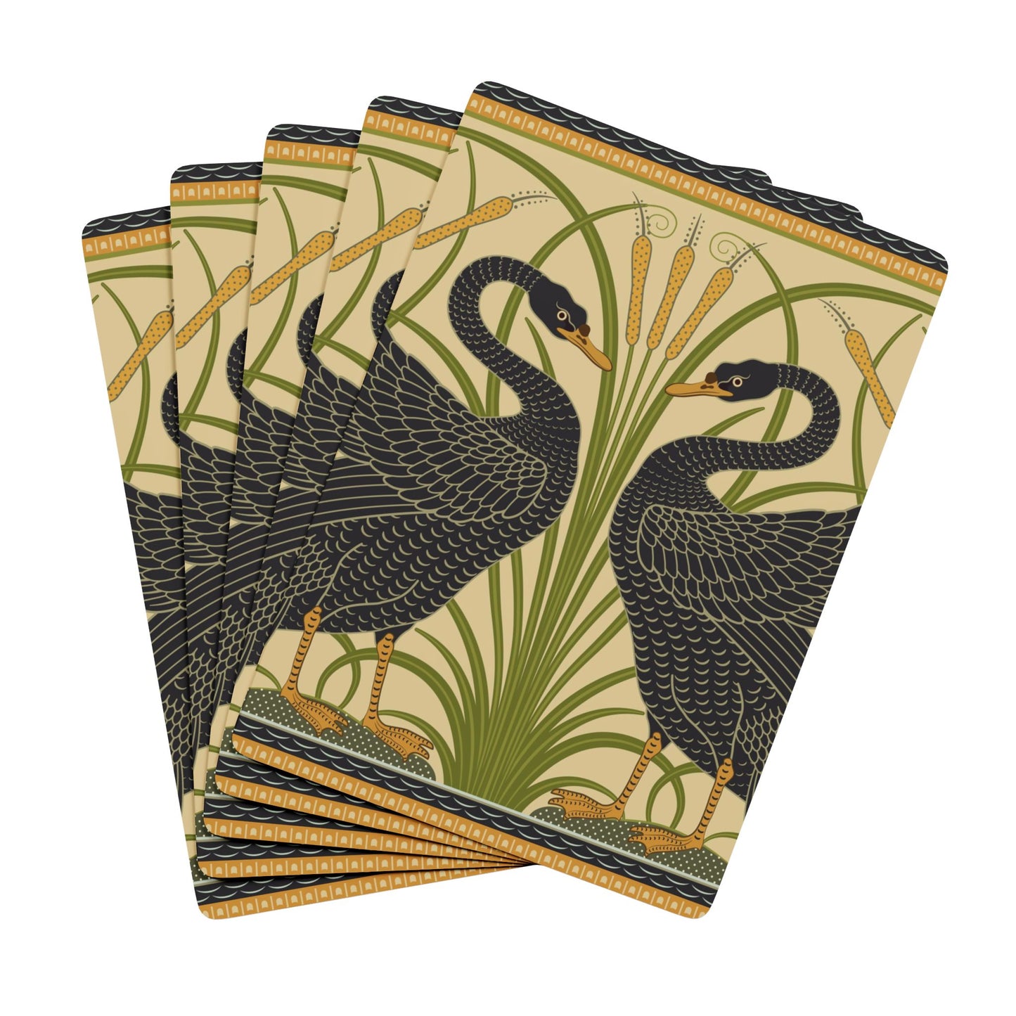 Set of playing cards with black swan design on a beige background
