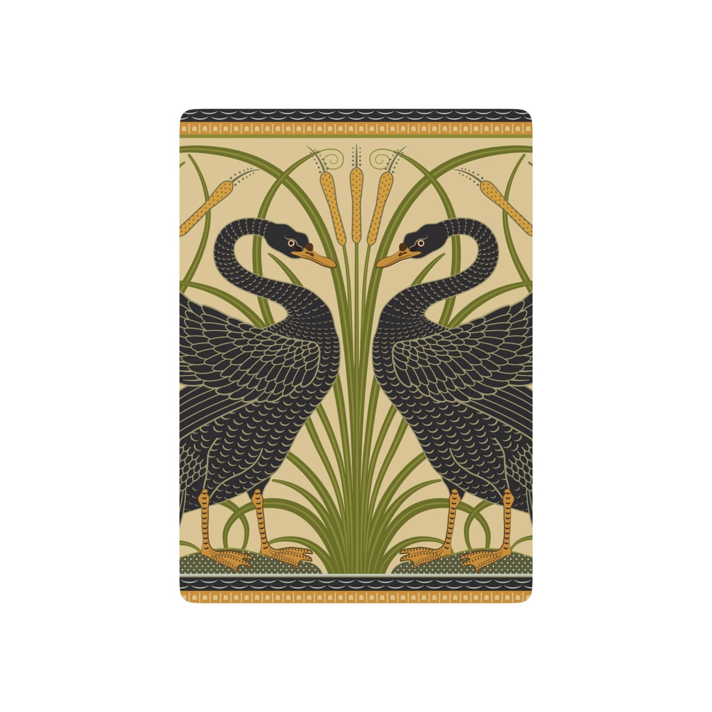 Decorative playing cards with black birds and green plants on a beige background