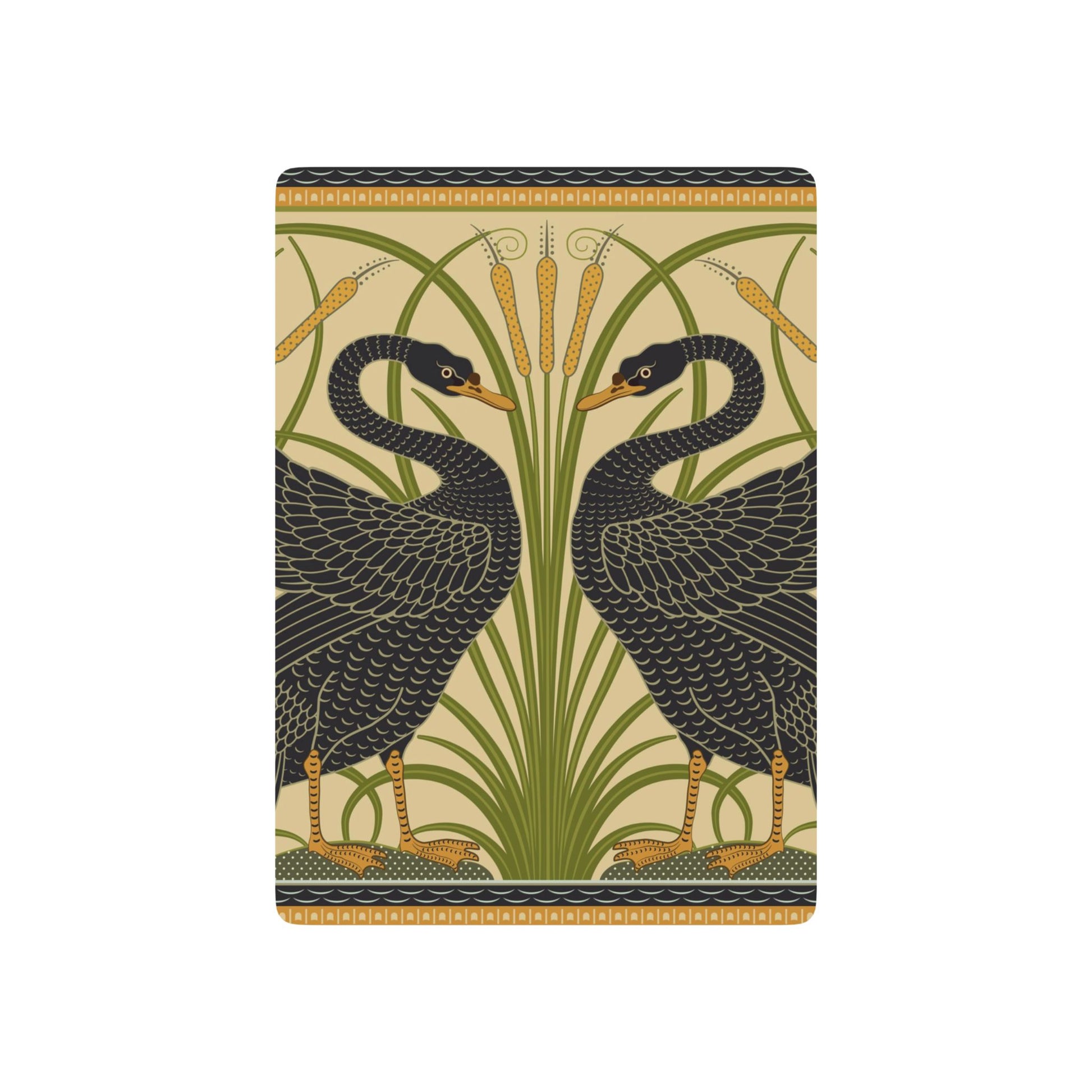 Decorative playing cards with black birds and green plants on a beige background