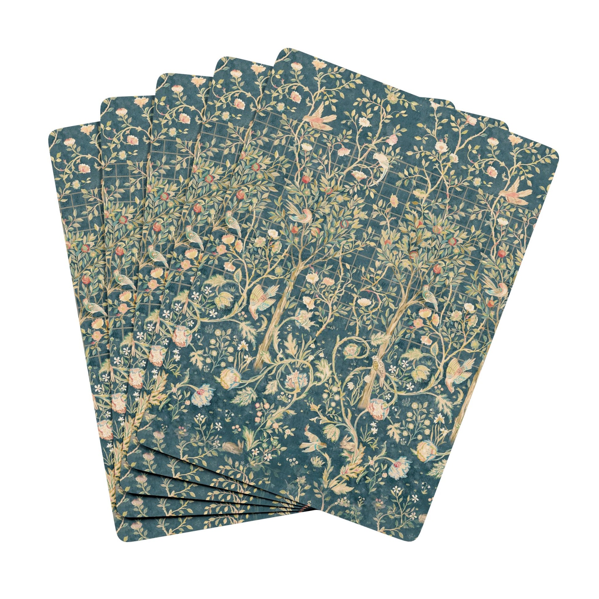 Set of floral-patterned playing cards on a white background