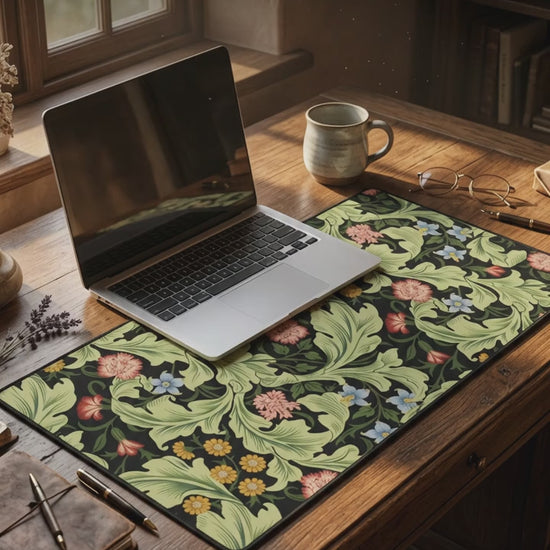 A large desk mat with a green William Morris & Co floral pattern, displayed on a desk with a keyboard and mouse, with a monitor above it.