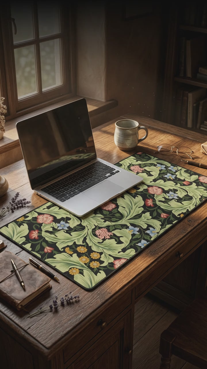 A large desk mat with a green William Morris & Co floral pattern, displayed on a desk with a keyboard and mouse, with a monitor above it.