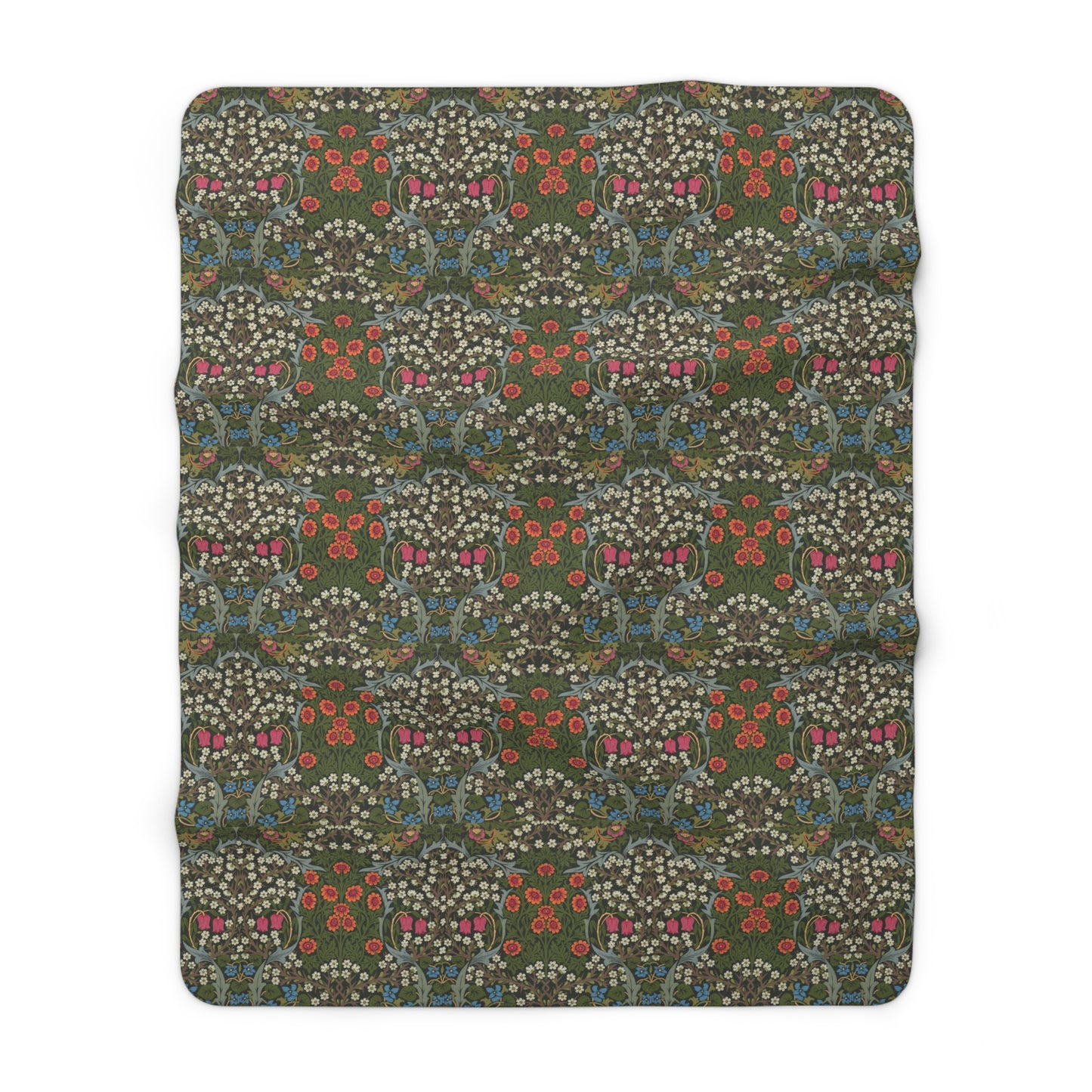 A cozy Sherpa Fleece Blanket with a geometric William Morris & Co pattern in a mix of dark and vibrant colours, laid out flat.