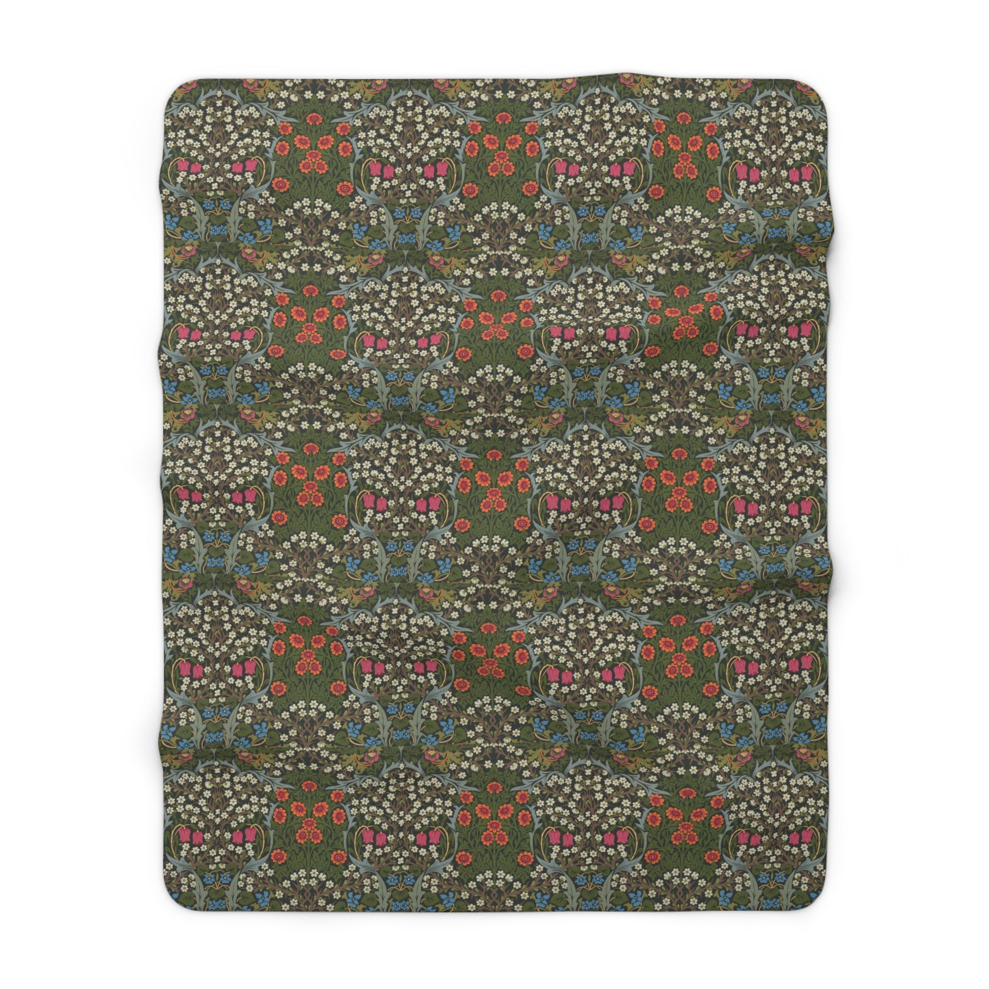 A cozy Sherpa Fleece Blanket with a geometric William Morris & Co pattern in a mix of dark and vibrant colours, laid out flat.