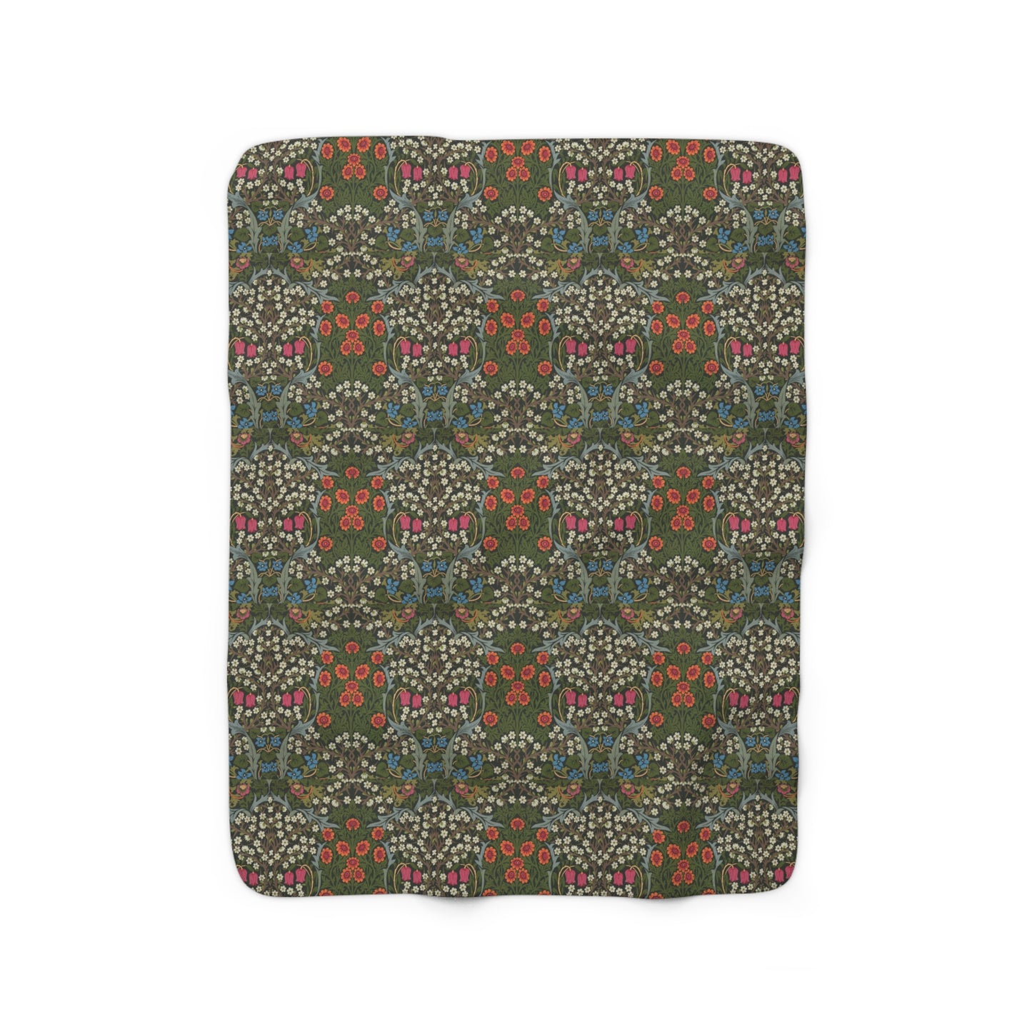 A cozy Sherpa Fleece Blanket with a geometric William Morris & Co pattern in a mix of dark and vibrant colours, laid out flat.