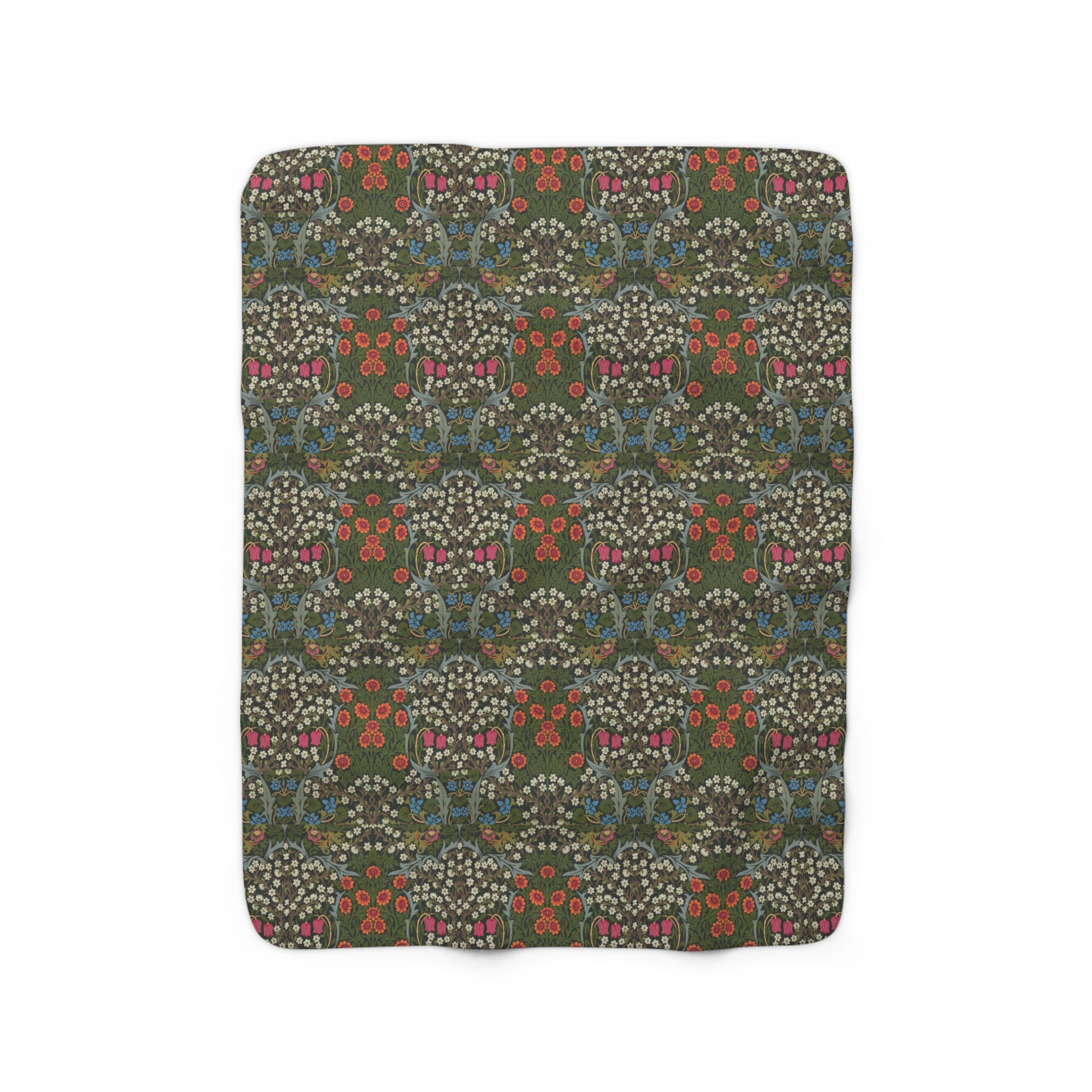 A cozy Sherpa Fleece Blanket with a geometric William Morris & Co pattern in a mix of dark and vibrant colours, laid out flat.