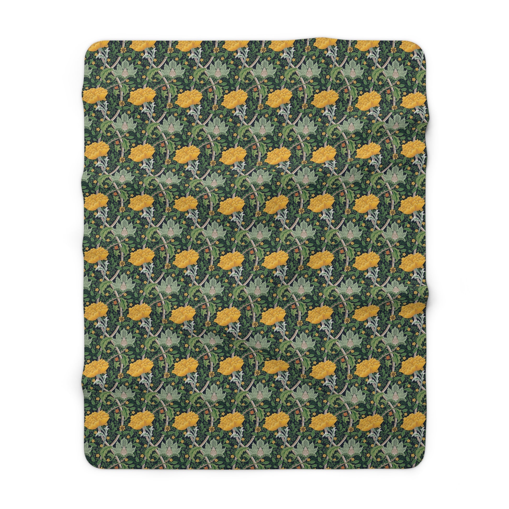 A plush fleece blanket with a yellow chrysanthemum pattern on a green background, laid flat.