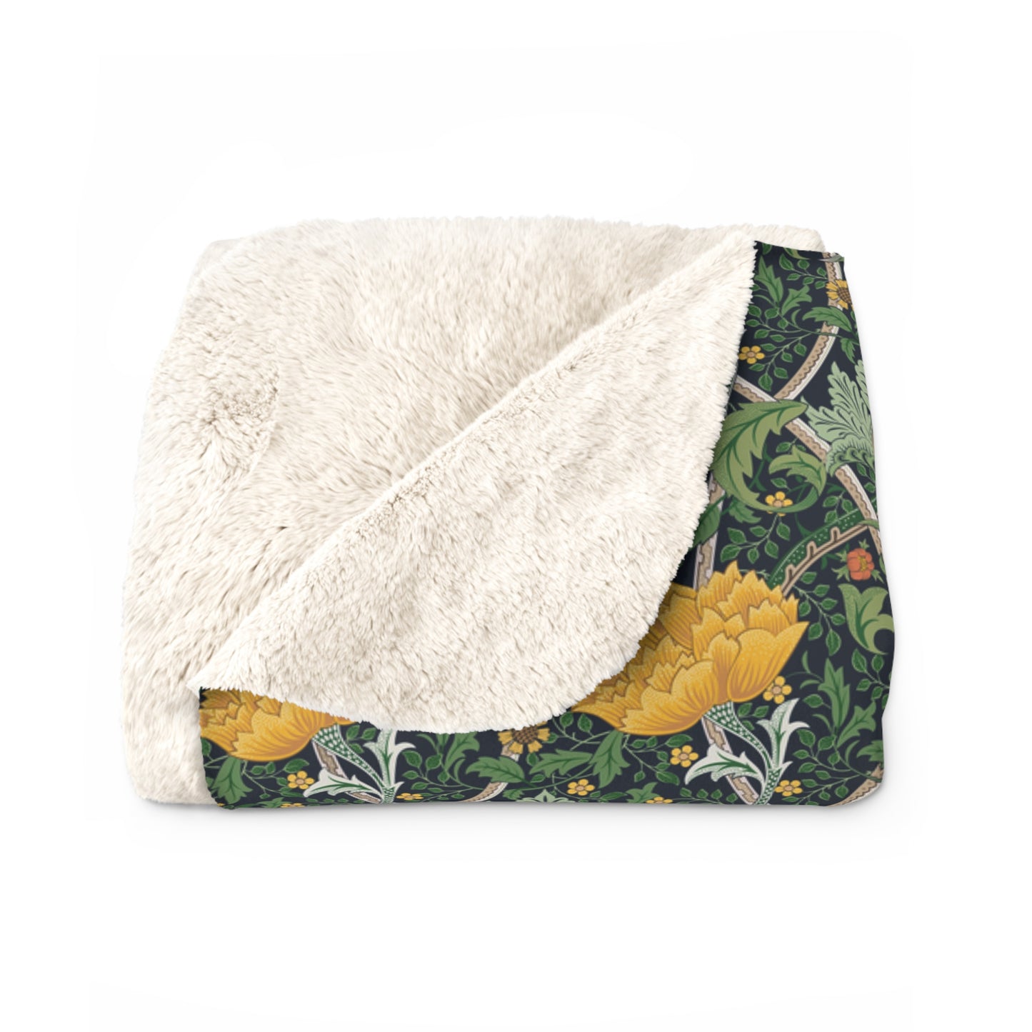 A plush fleece blanket with a yellow chrysanthemum pattern on a green background, laid flat.