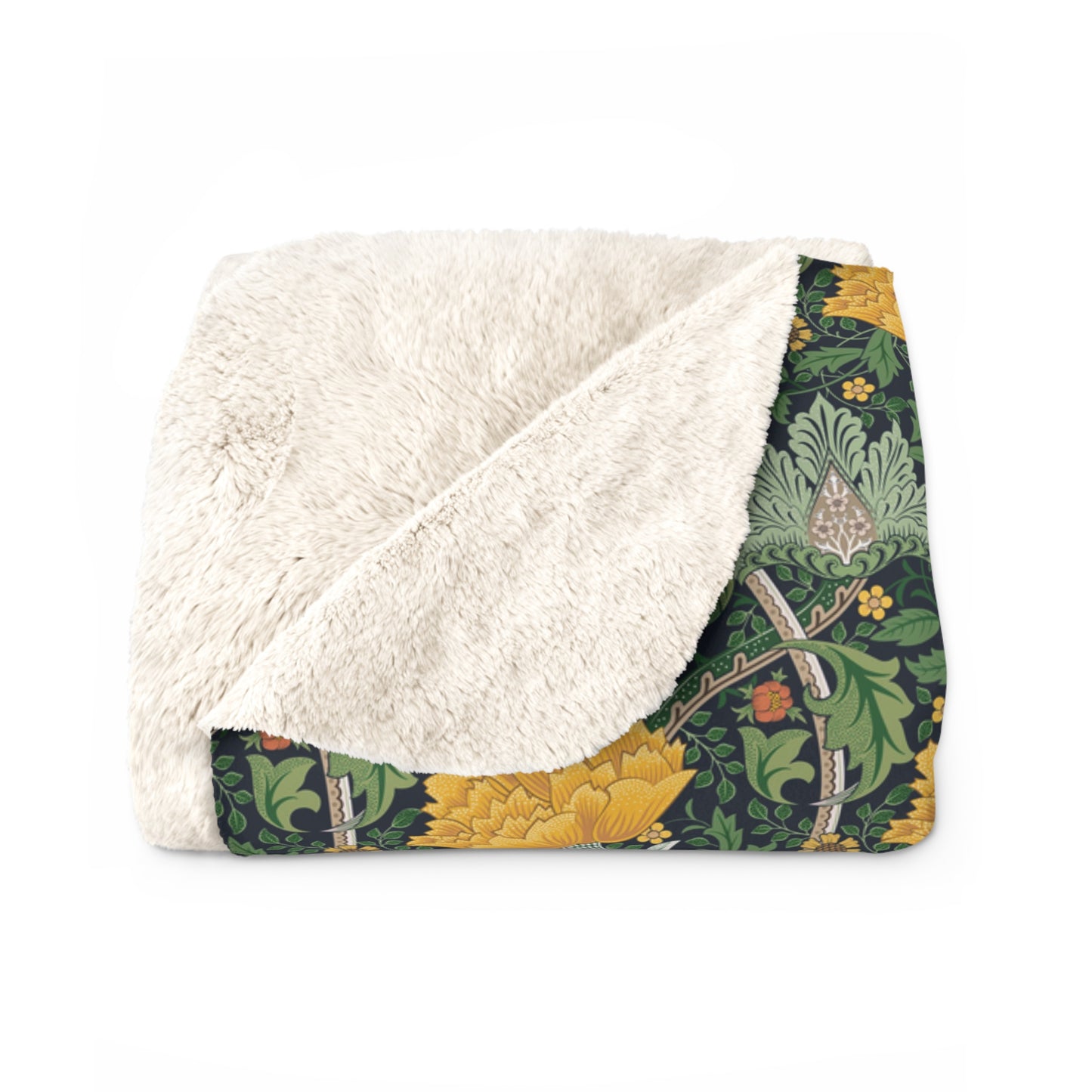 A plush fleece blanket with a yellow chrysanthemum pattern on a green background, laid flat.