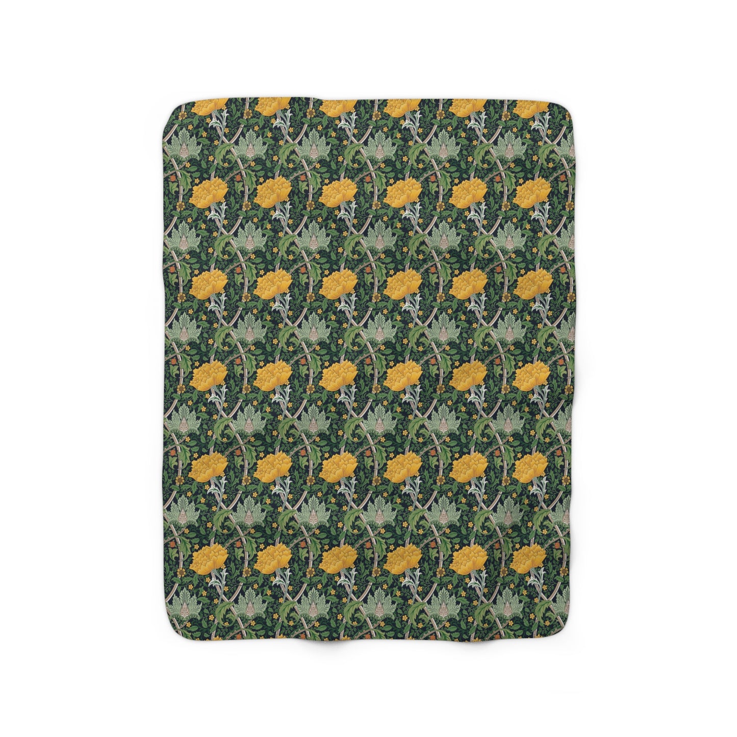 A plush fleece blanket with a yellow chrysanthemum pattern on a green background, laid flat.