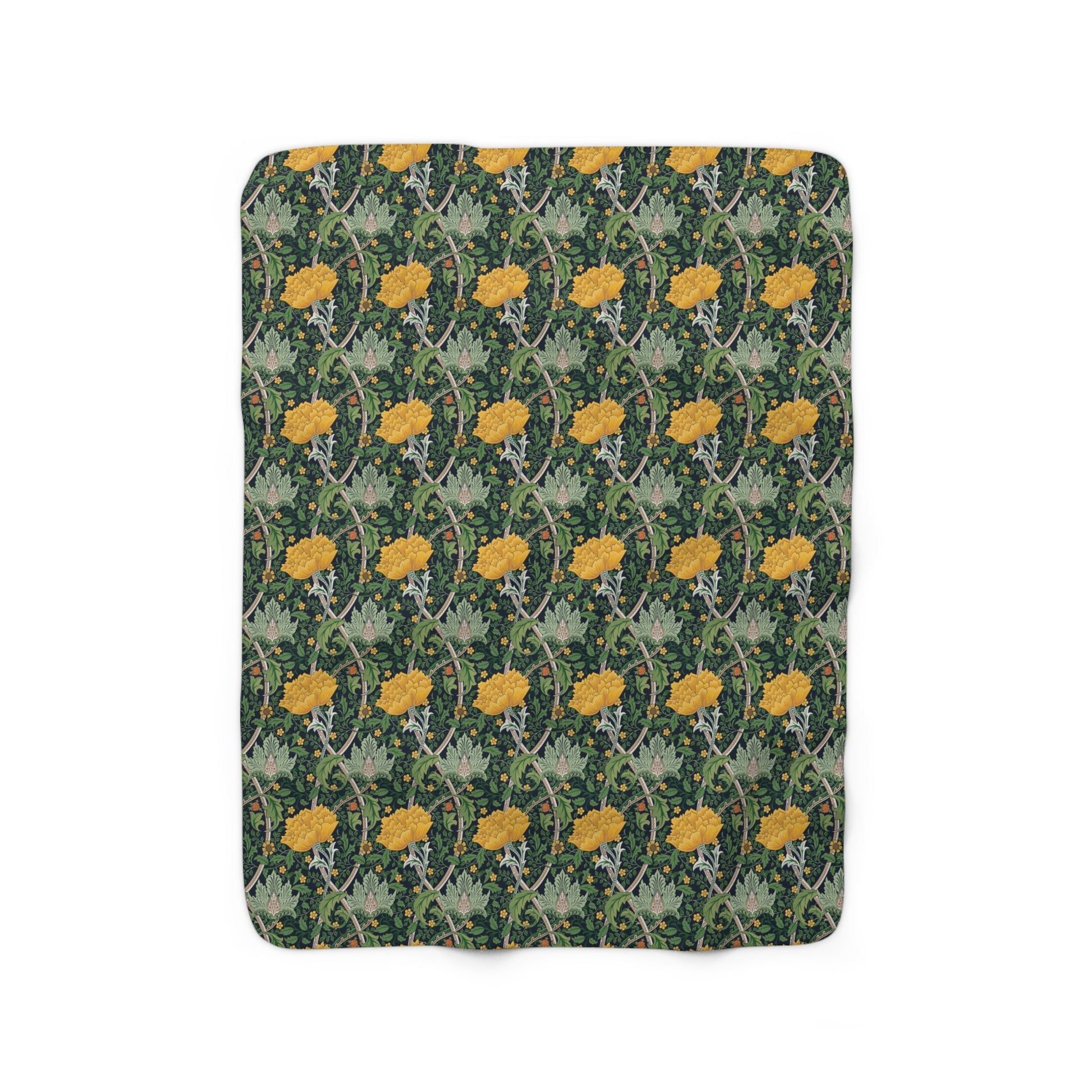A plush fleece blanket with a yellow chrysanthemum pattern on a green background, laid flat.