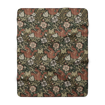 Sherpa Fleece Blanket created  by William Morris. & Co in a brown floral pattern called Compton Collection (Moor Cottage)