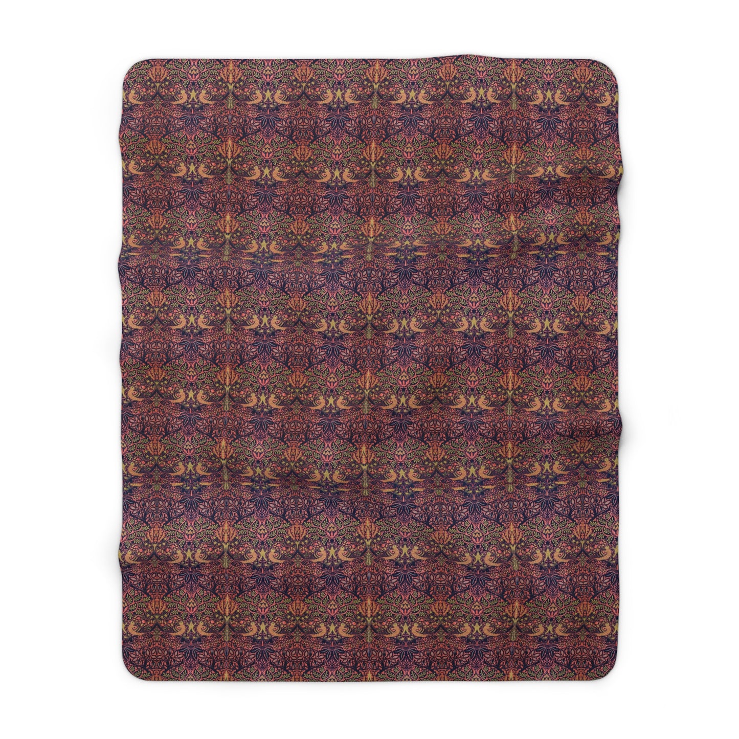 A plush fleece blanket with a floral William Morris & Co pattern in purple, pink and cream colours, folded neatly.