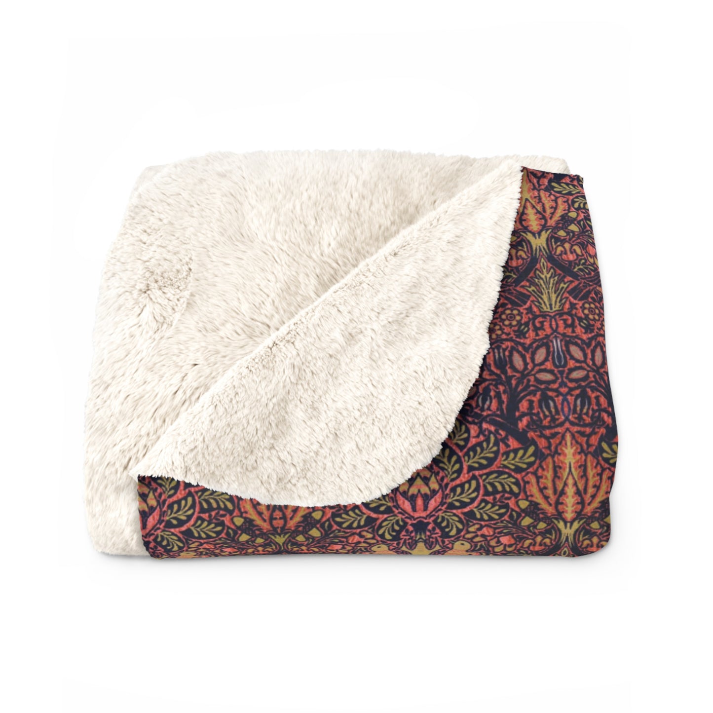 A plush fleece blanket with a floral William Morris & Co pattern in purple, pink and cream colours, folded neatly.