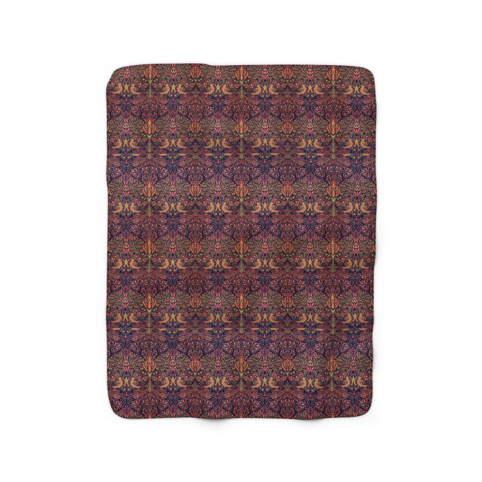 A plush fleece blanket with a floral William Morris & Co pattern in purple, pink and cream colours, folded neatly.