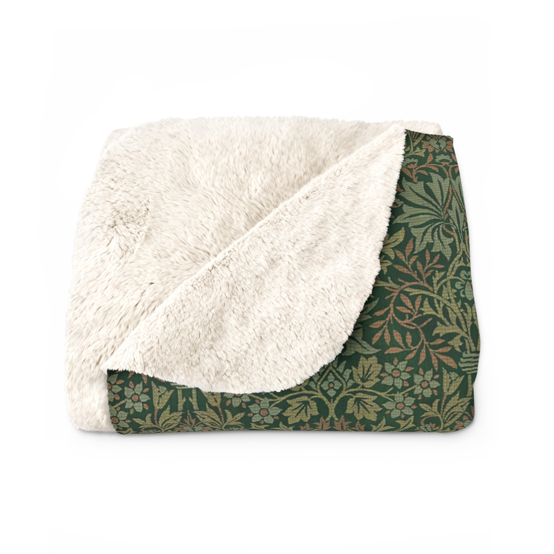 A plush fleece blanket with a floral pattern in green tones, laid flat.