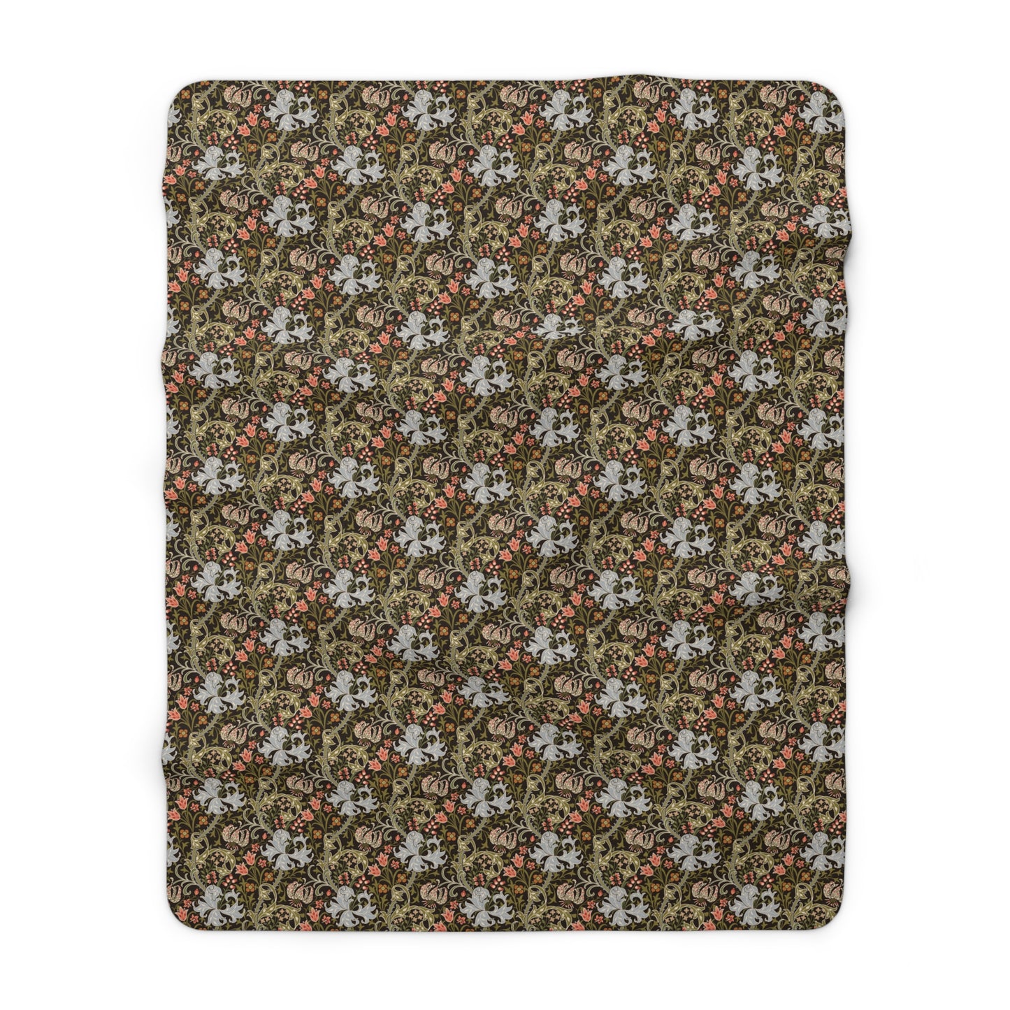 A square fabric item, likely a blanket or throw, featuring a dense vintage floral and botanical pattern in olive green, brown, dusty pink, and off-white, shown flat against a white background.