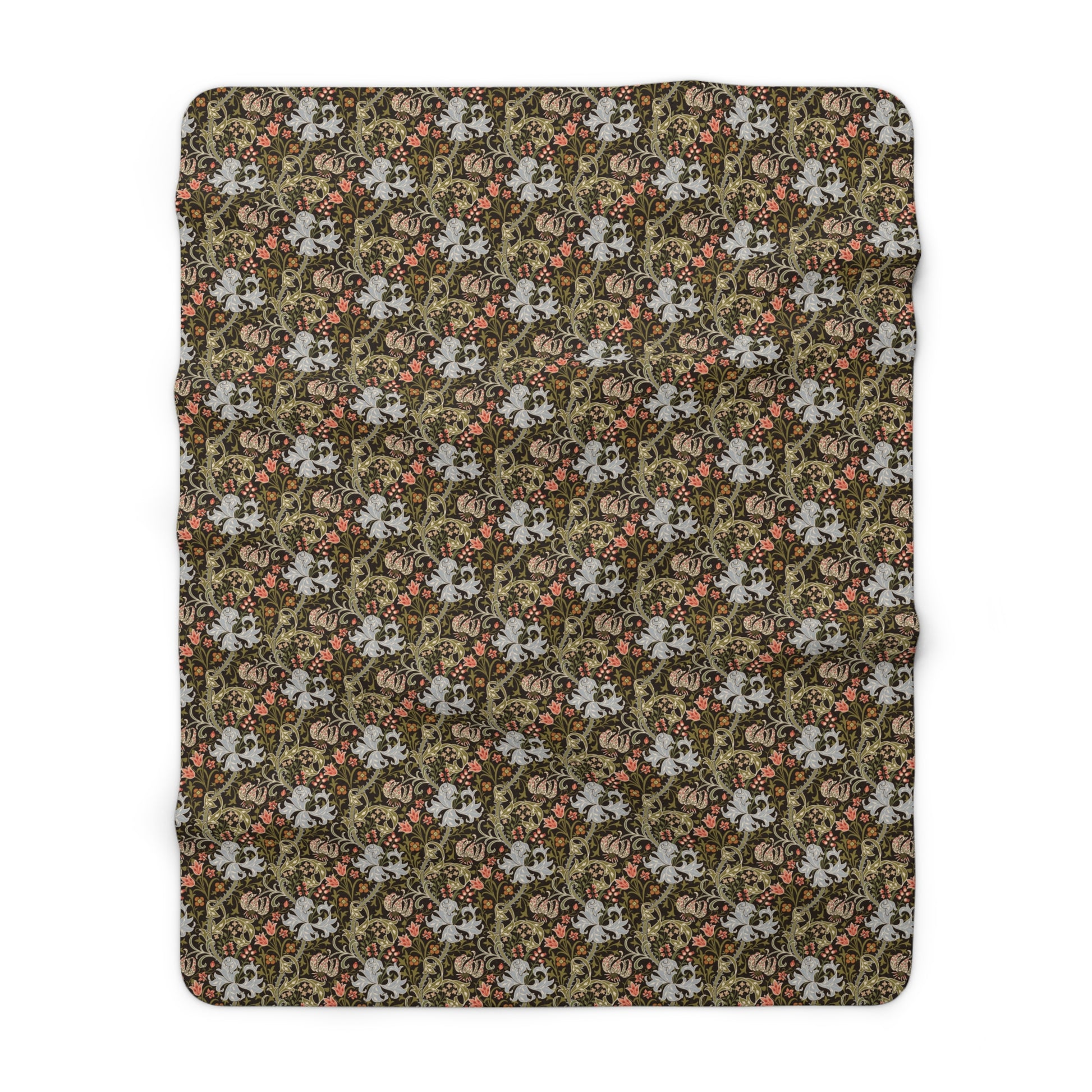 A square fabric item, likely a blanket or throw, featuring a dense vintage floral and botanical pattern in olive green, brown, dusty pink, and off-white, shown flat against a white background.