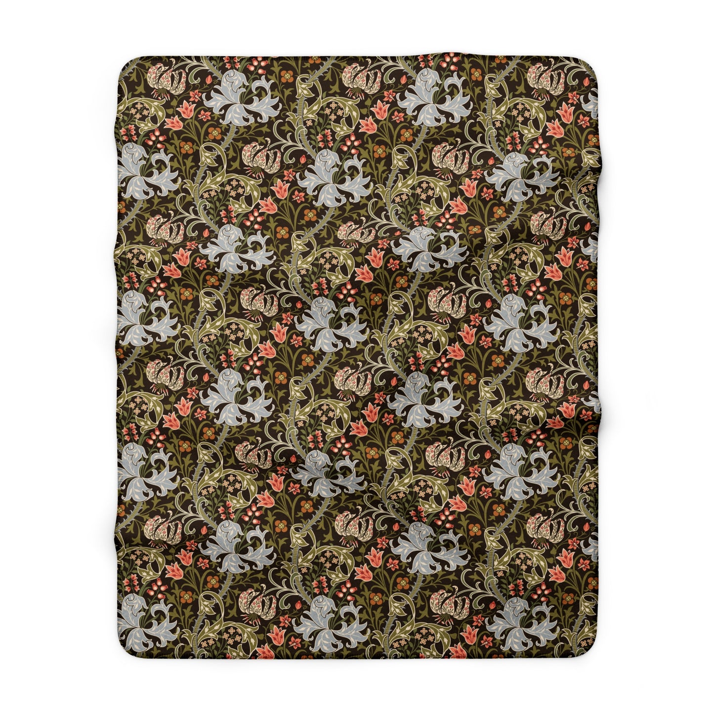 A rectangular throw blanket featuring a dense, vintage-style floral and botanical pattern on a dark background, with cream, pink, and olive green motifs, shown flat against a white background.