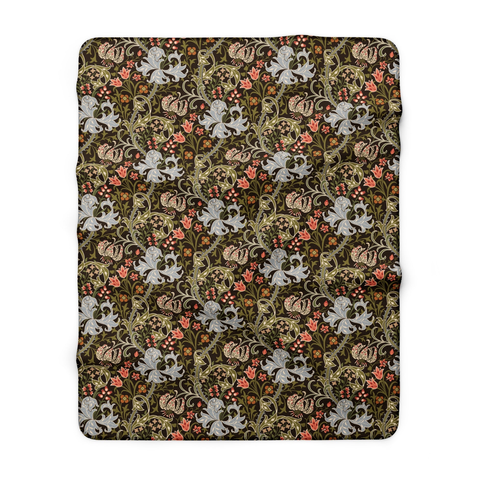 A rectangular throw blanket featuring a dense, vintage-style floral and botanical pattern on a dark background, with cream, pink, and olive green motifs, shown flat against a white background.