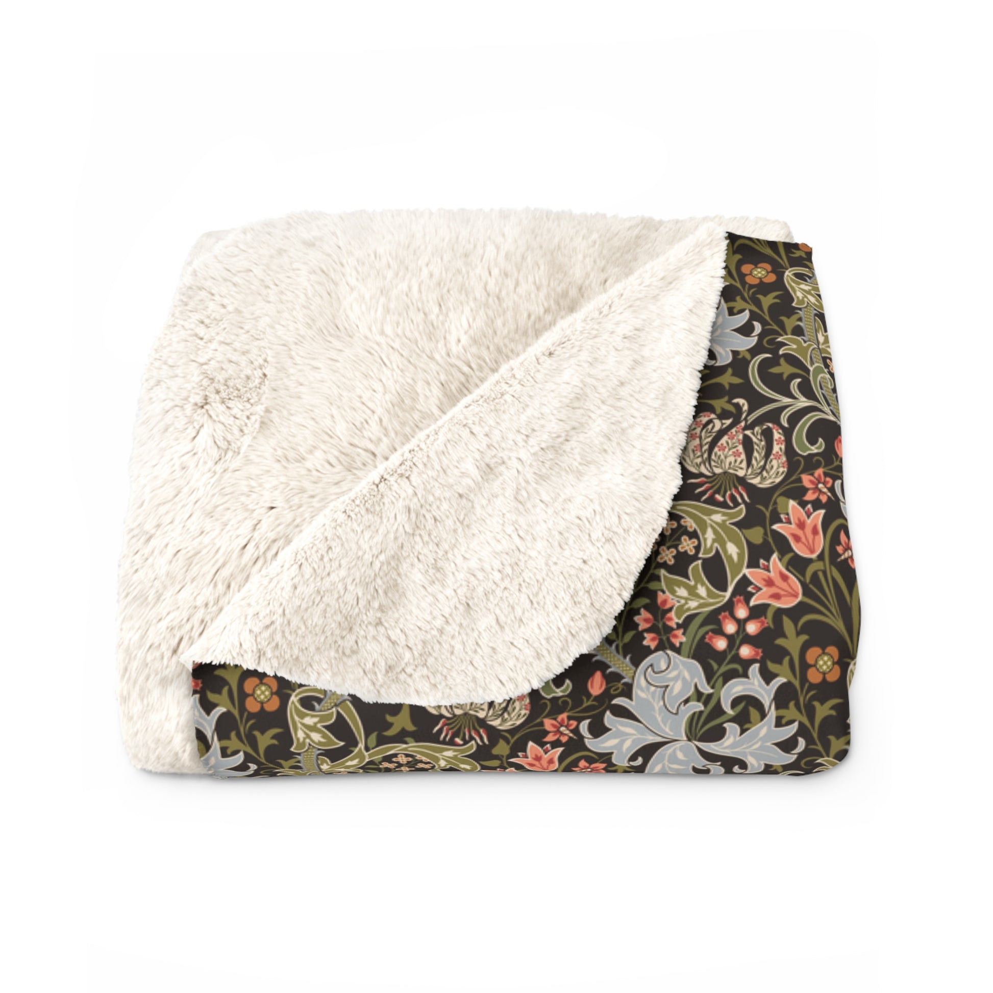 A folded throw blanket featuring a plush cream sherpa fleece backing and a dark green botanical patterned front, displayed on a clean white background.
