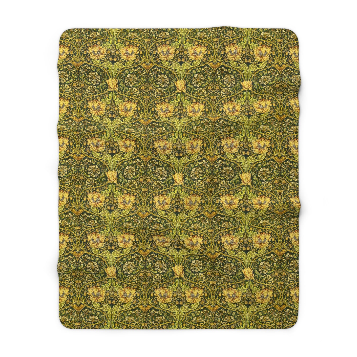 Green and gold patterned fabric on a white background