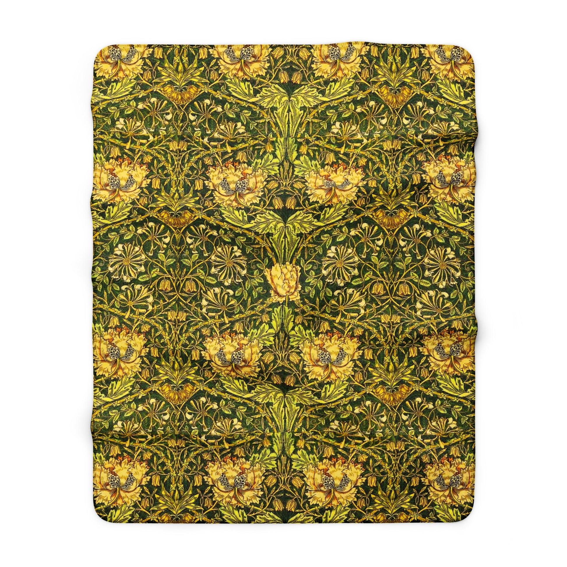 Floral patterned fabric with green and yellow colors on a white background