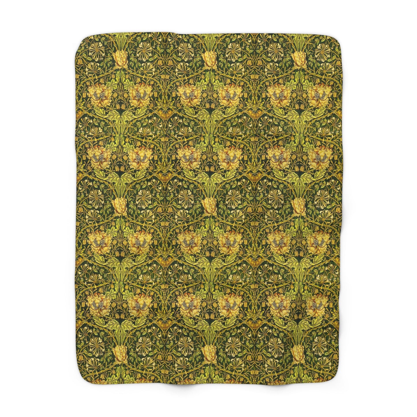 Green patterned blanket with a floral design on a white background
