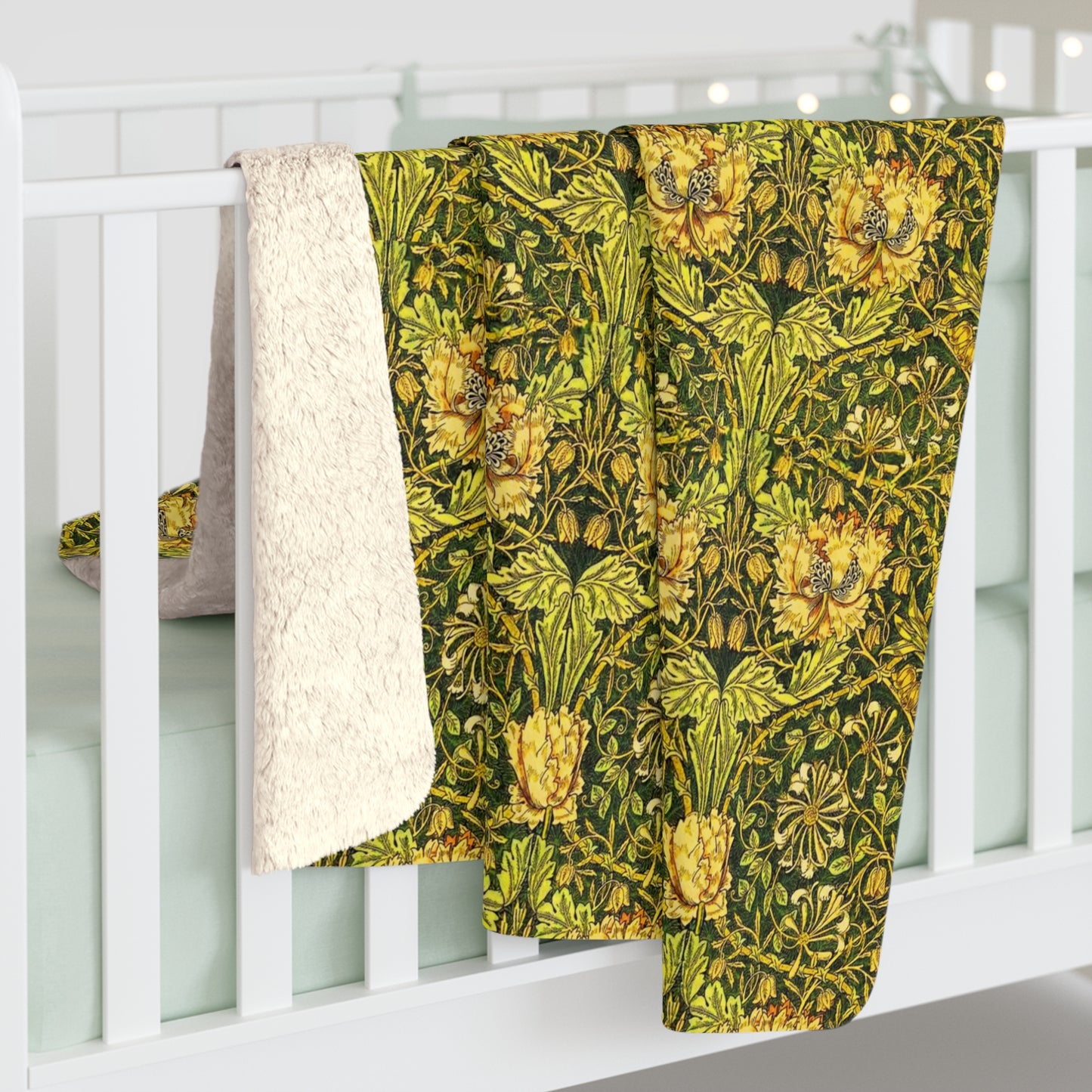 Sherpa Fleece Blanket inspired by William Morris - Honeysuckle & Tulip Collection (Gold)
